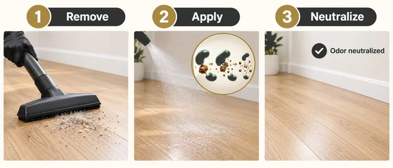 TraceOut applied to a cleaned floor in three steps: remove, apply, neutralize